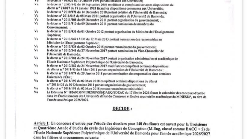 Un concours sur étude de dossiers pour 140 étudiants 3e et  4e année du cycle des Ingénieurs de Conception à l'École Nationale Supérieure Polytechnique de l'Université de Bamenda
